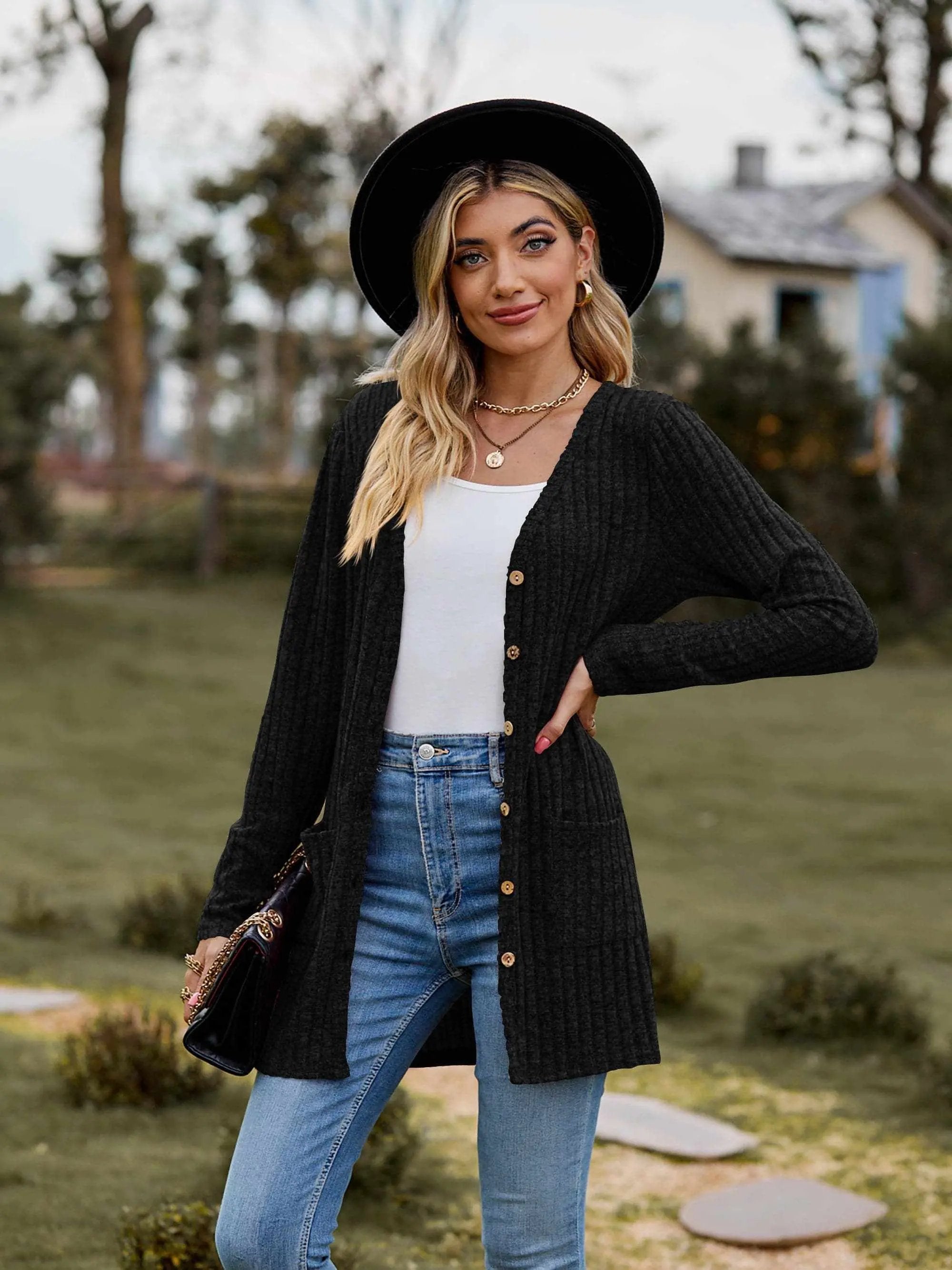 Heathered ribbed cardigan with pockets - Love Salve